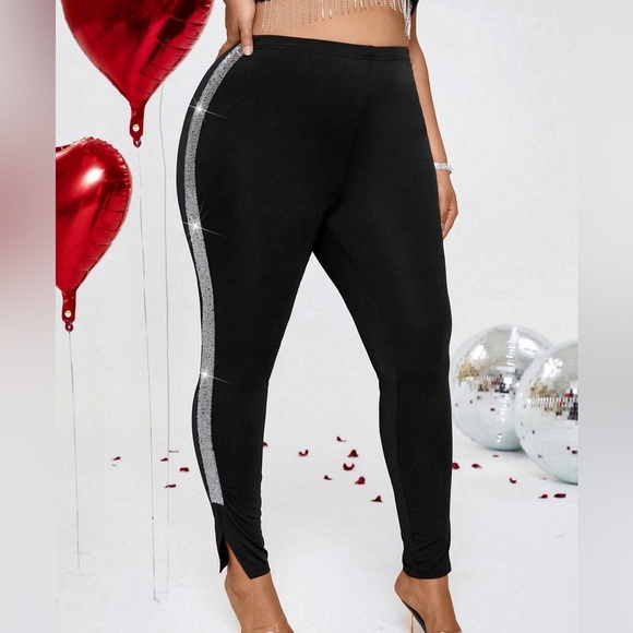 Women's Plus Size Sequined Patchwork Leggings With Side Slit - Picture 2 of 5